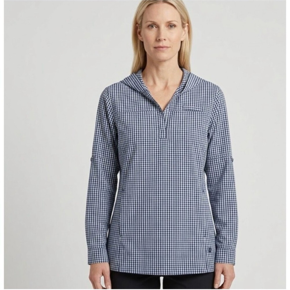 Coolibar UPF 50+ Women's Sea Spray Navy Gingham Henley Hoodie